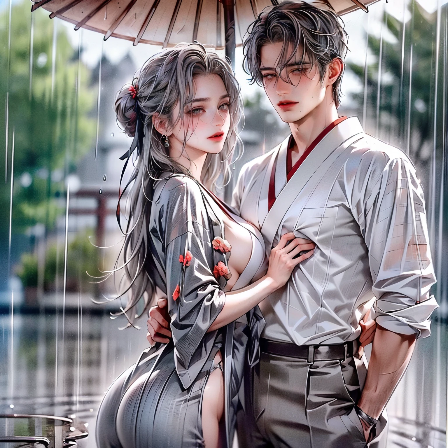 (masterpiece), (5K), (best quality), 2d Couple, ((a young gray hair couple)), ((a gray hair woman ,  sharp eyes, slit_ pupils, pale eyes, small boobs, red dress)), brown eyes, ultra well detailed eyes, ((a gray hair guy)), ((japanense clothes), beautiful couple pose, raining