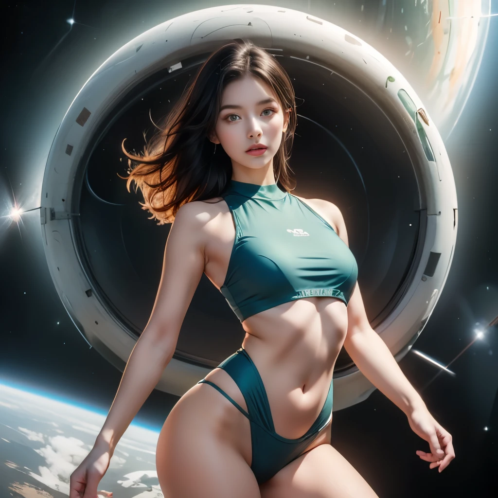 best quality，masterpiece，16K,artistic，Polar coordinates，In the curved space-time channel，In a space-time wormhole，Science fiction，complex structure，1 Girl，Dynamic poses，Looking at the camera，