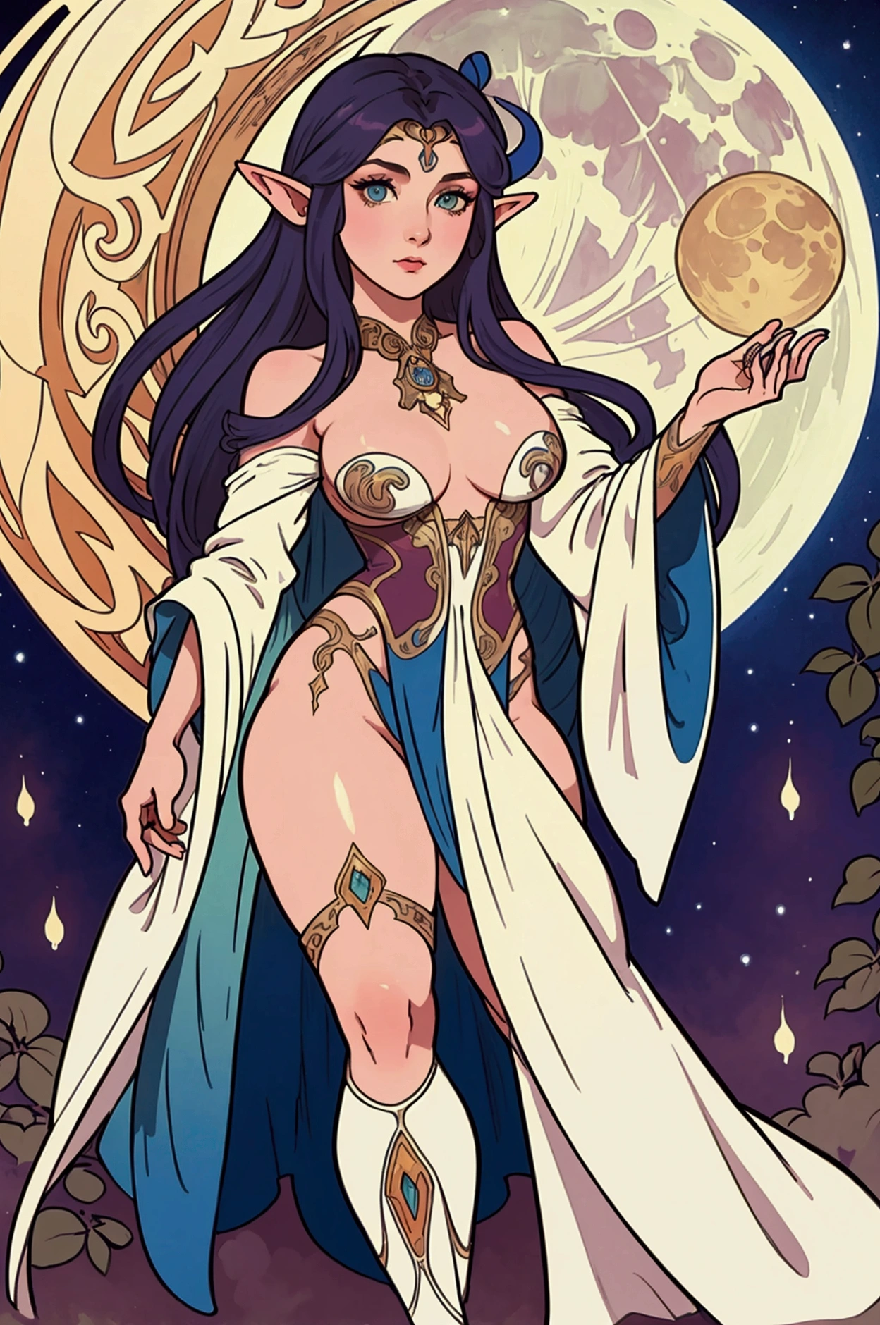 a painting by Alphonse Mucha, A beautiful moon elf, in a pinup pose, wearing sexy robes, moon in background, detailed face and eyes, realistic, full body, ultra-detailed, masterpiece, 8k, vibrant colors, dramatic lighting