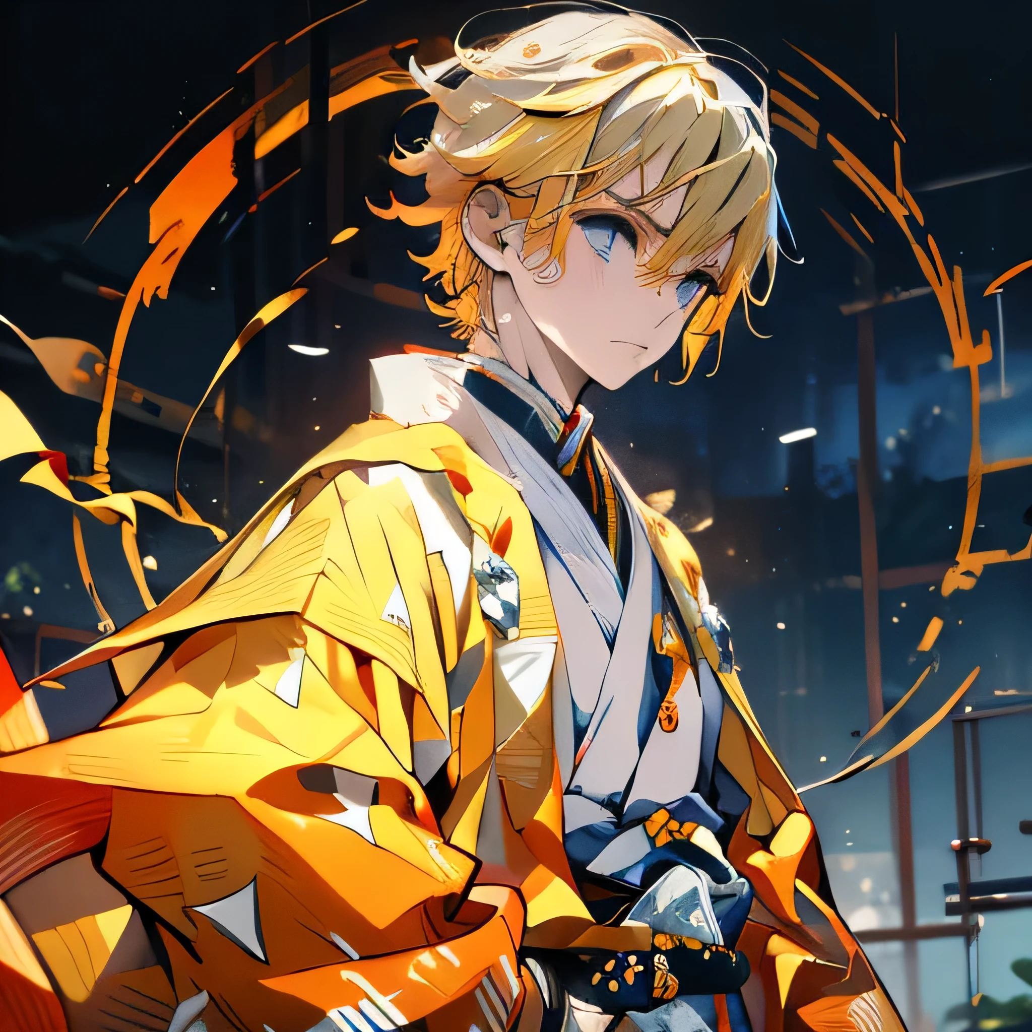 Masterpiece、Delicate eyes、Zenith agatsuma、、Yellow Hair、Serious face、Japanese sword、Lightning Background、Upper Body