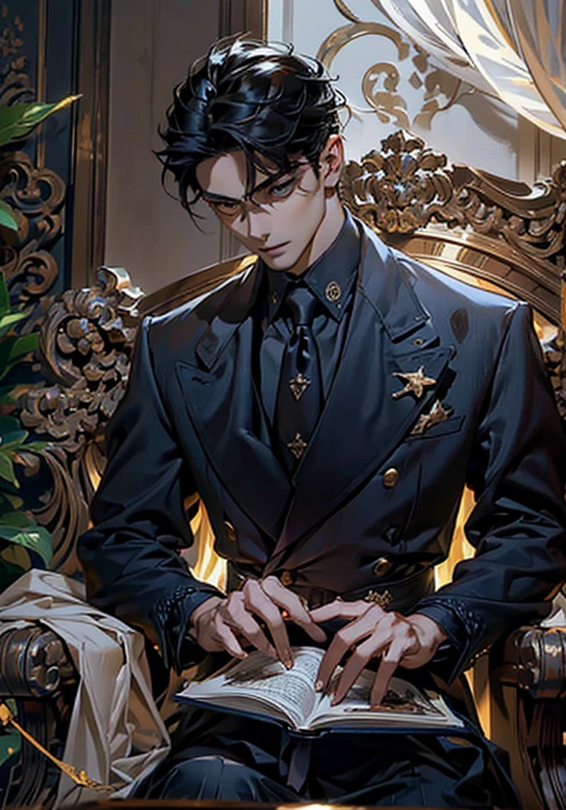 lamplight, close-up cleavage, Handsome men, golden eyes, (Focus eyes, The eyes are bright), (focus face),(Focus clothing), Medium long black hair, ear piercings, medium skin, dark blue coat, Meticulous suit, gold accessories on clothes, dark blue ties (perfect anatomia:1.2), Highqualityshadow, natural lighting, (White highlights:1.2),overcast day, (starrysky), (shining), full body 