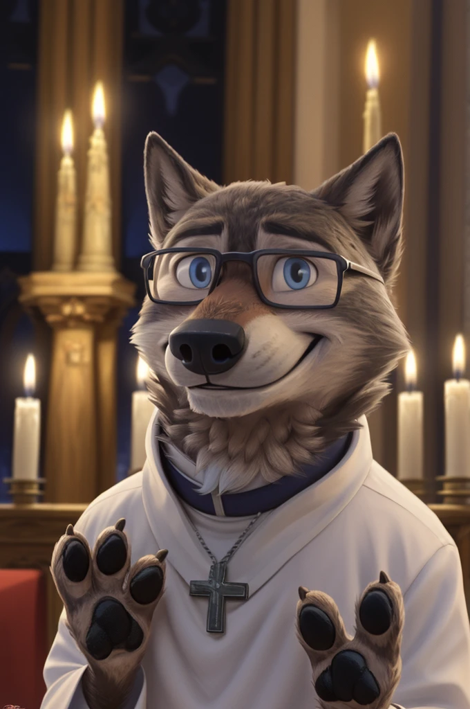 Larry (Zootopia), young wolf, Gray Fur, (brown body:1.3), beautiful white glasses blue eyes, Zootopia,  white Pope, Catholic priest,pectoral cross white collar, canine,wolf, detailed fur, male, second, paw pads, claws, looks at the viewer, 5 fingers, paws, 4 toes, in churches, candles altar,Catholic Church, Vatican, 
BREAK from nextel, for dating, by xenoforge, (difficult, high detail,digital photography, soft focus, RAW, close to the camera, smile, positive, Good, mood, Houses, looks at the viewer, очень close to the camera, Pope. 
Photorealism, realistic, photorealistic,digital style, Subsurface scattering,очень close to the camera
шедевр, Best quality, ultra realistic, 8 thousand.)