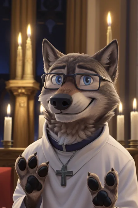 larry (zootopia), young wolf, gray fur, (brown body:1.3), beautiful white glasses blue eyes, zootopia,  white pope, catholic pri...