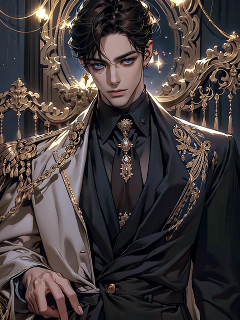 lamplight, close-up cleavage, Handsome men, golden eyes, (Focus eyes, The eyes are bright), (focus face),(Focus clothing), (Focus gold accessories), Medium long black hair, ear piercings, medium skin, dark blue coat, Meticulous suit, gold accessories on clothes, dark blue ties (perfect anatomia:1.2), Highqualityshadow, natural lighting, (White highlights:1.2),overcast day, (starrysky), (shining), enchanted 