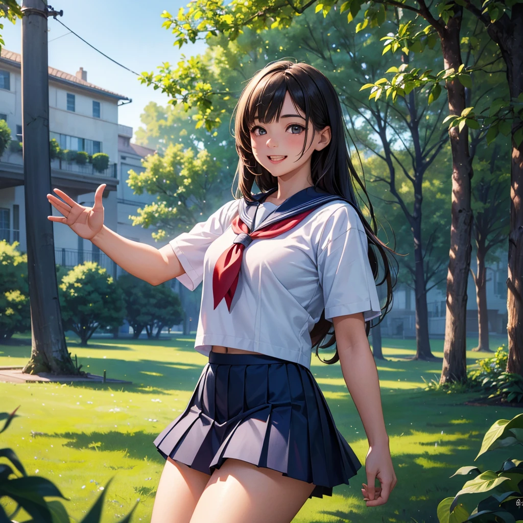 (1girl),a young girl in a sailor uniform with a pleated skirt, standing in a peaceful park under a blue sky with dappled sunlight, smiling with her mouth open to reveal her buck teeth, waving her hand to beckon the viewer, detailed skin with a sun-kissed glow, (best quality,4k,8k,highres,masterpiece:1.2),ultra-detailed,(realistic,photorealistic,photo-realistic:1.37),vibrant colors,soft lighting,detailed portrait,serene landscape