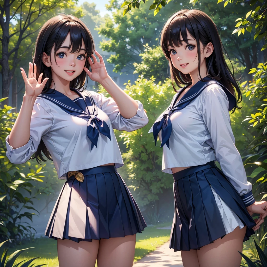 (1girl),a young girl in a sailor uniform with a pleated skirt, standing in a peaceful park under a blue sky with dappled sunlight, smiling with her mouth open to reveal her buck teeth, waving her hand to beckon the viewer, detailed skin with a sun-kissed glow, (best quality,4k,8k,highres,masterpiece:1.2),ultra-detailed,(realistic,photorealistic,photo-realistic:1.37),vibrant colors,soft lighting,detailed portrait,serene landscape