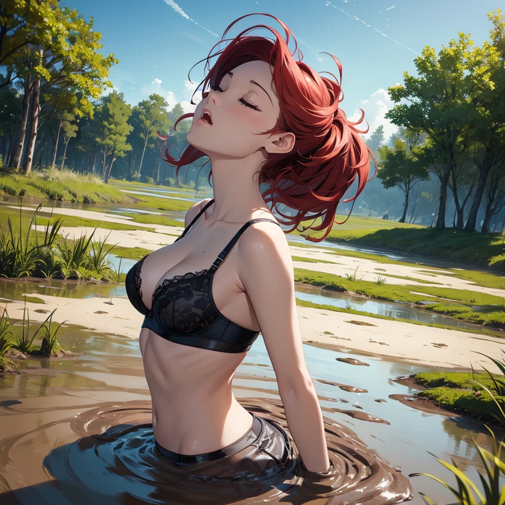 1girl, solo:1.5, masterpiece, best quality, high res, highly detailed, (illustration), beautiful detailed eyes, red hair ponytail, glossy lips, light makeup, orgasm, (looking up to the sky:1.5), (mouth open:1.2), intimate moment, black lacy bra underwear, (quicksand:1.4), (submerged up to her torso), (from side:1.4), bog, swamp, grass, trees, (eyes closed:1.3),