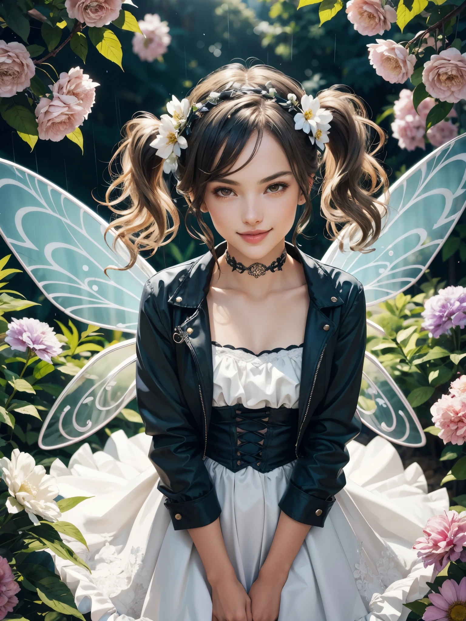 girl wearing petticoat dress, BREAK, 1girl, sleeveless petticoat miniskirt, strapless dress, detailed face, looking at viewer, smile, short hair, majestic flower filigree headpiece, transparent fairy wings, lush flower garden, raining, dramatic lighting, realism, (best quality, highres, masterpiece:1.2), (ultra detailed, photorealistic:1.3), wavy hair, pigtails, asymmetrical bangs, jacket, choker,