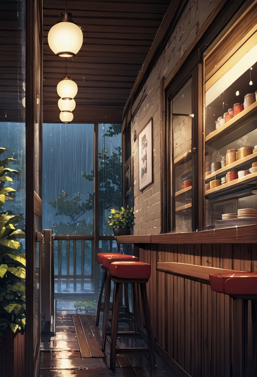 Inside the coffee shop, rain, Highest quality, mitsuri