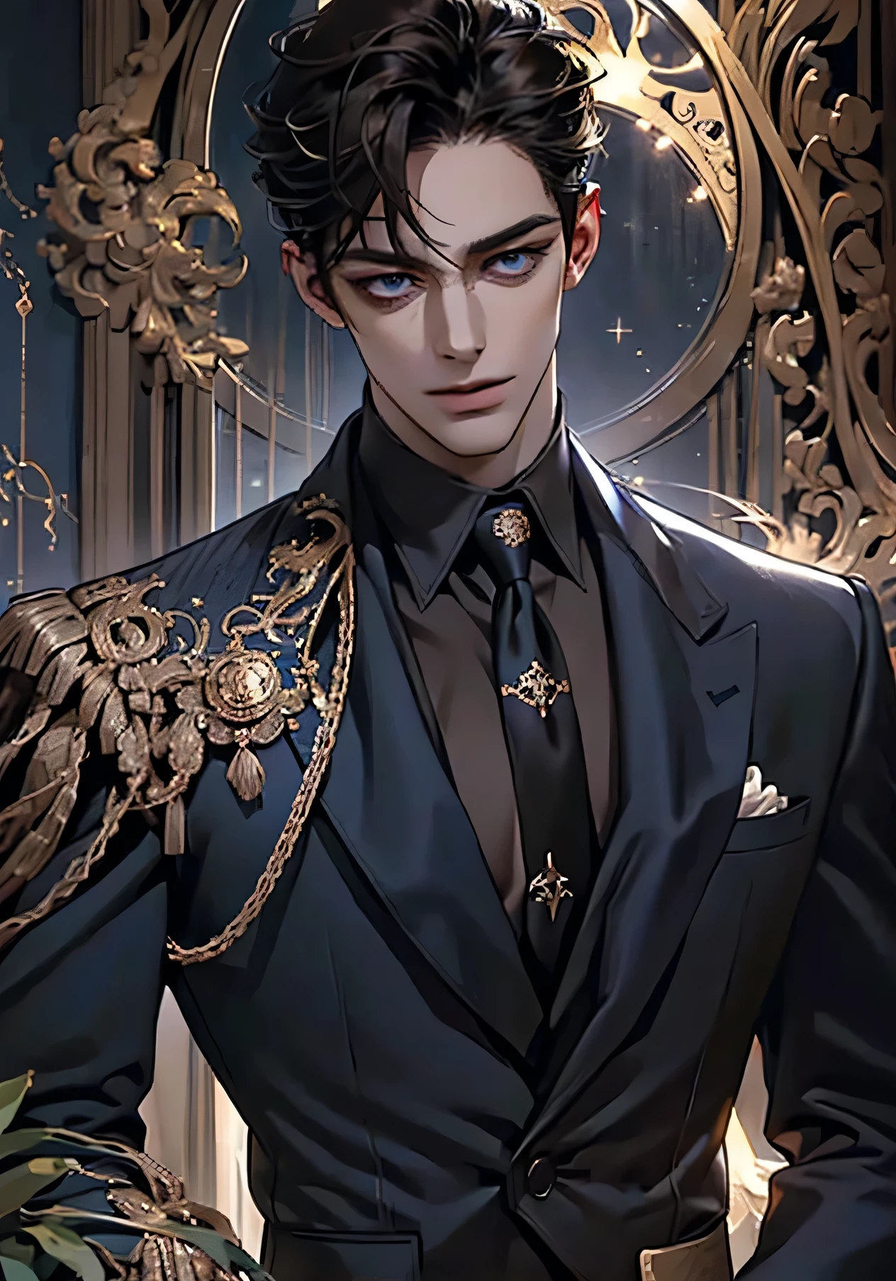 lamplight, close-up cleavage, Handsome men, golden eyes, (Focus eyes, The eyes are bright), (focus face),(Focus clothing), Medium long black hair, ear piercings, medium skin, dark blue coat, Meticulous suit, gold accessories on clothes, dark blue ties (perfect anatomia:1.2), Highqualityshadow, natural lighting, (White highlights:1.2),overcast day, (starrysky), (shining), enchanted 