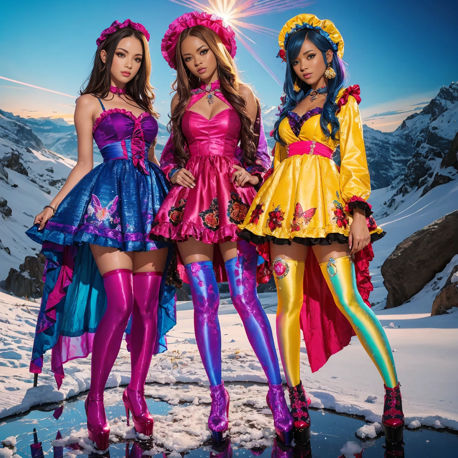 Nine-head body, Group photo, ((multicolored))，Three or more girls，Model figure, long-legged woman, A woman in a luxurious and elaborate lolita dress, wearing lolita mary jane shoes with ornate details, patterned tights, standing on a snowy mountain, with reflective skin and reflective clothing, venusbody, full body shot, ray tracing, reflection light, chiaroscuro, UHD, masterpiece, anatomically correct, textured skin, super detail, high quality, 4K, highres