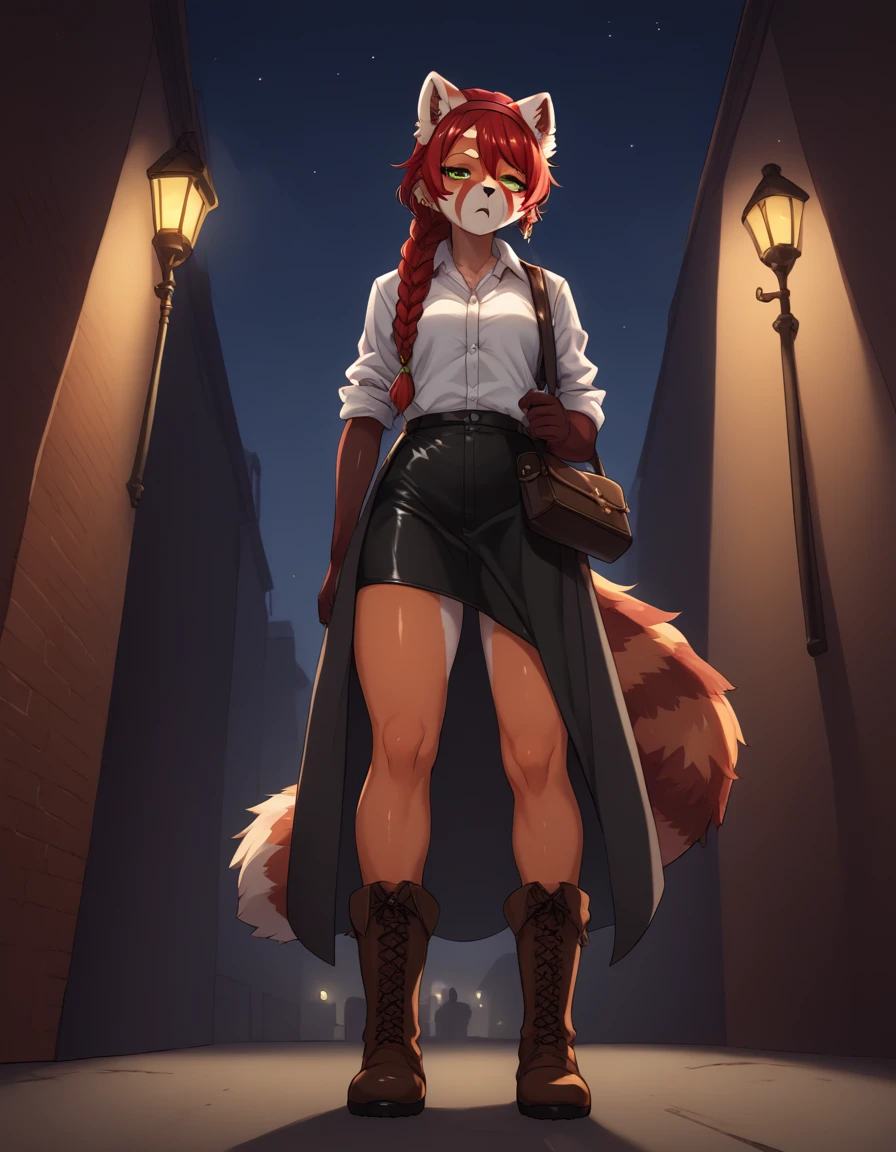 Solo, Score_9, score_8_up, score_7_up, kemono style, Kimiko, An Anthro furry red panda girl, red furry body, red panda tail, , black nose, red hair, braided hair, majestic, long legs, athletic arms and legs, green emerald eyes, toned legs, toned thighs, low angle shot, long tan duster, dress shirt, ripped shirt, leather boots with armor, armored gauntlets short, rolled up sleeves, loose tie around neck, tired expression, adventurer pants with pouch, brown boots, dark alley in city, wearing a long investigator coat,  red hairband, earrings, holding a coffee,  night time, lamp post light, long coat, majestic, detailed clothes, wearing coat over dress shirt, leather satchel, windy night, shadowy figures in back. 