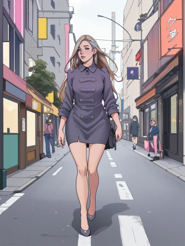 A beautiful girl walking on a city street.