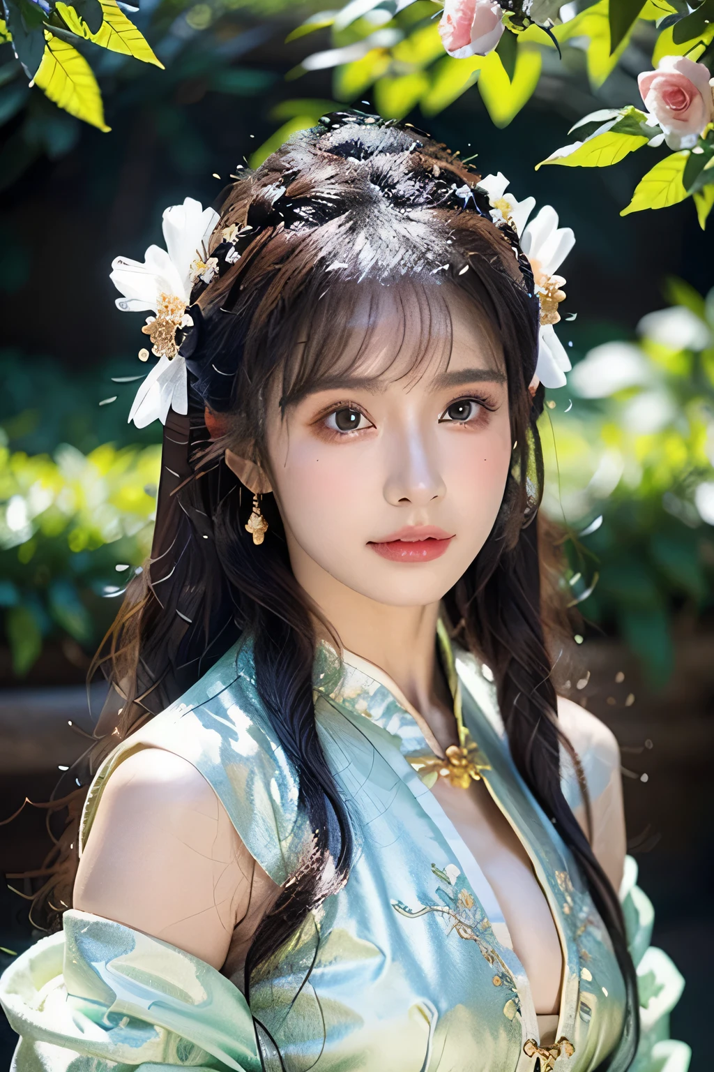 (masterpiece,best quality:1.4),(8k,raw photo,photo realistic:1.2),shiny skin,detailed skin,detailed face,detailed eyes,1girl,Japanese idol,beautiful face,(Shining Eyes:1.3),Gentle calm eyes、Symmetrical eyes、Fairy、Mysterious sheer lace outfit、Great background、Great location、Sexy chest、Outstanding proportions、Mysterious and sexy face、Chinese fantasy historical drama,A flower-filled paradise