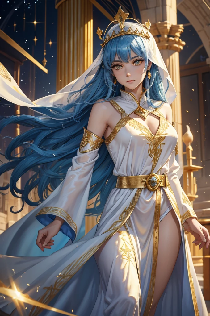 A royal Hebrew woman, derived from the light, brilliant background , Jerusalem inspired, royal attire, princes, crown, aura of protection, alabaster skin, cunning, sandlike, tunic, robe, blue hair, veil, royal hair, white robes, yellow eyes, golden eyes, golden bracers, golden belt, alabaster skin, brilliant white, royal power, long flowing jubba, long flowing silk robes, Mary inspired, Mother Mary, saint royalty