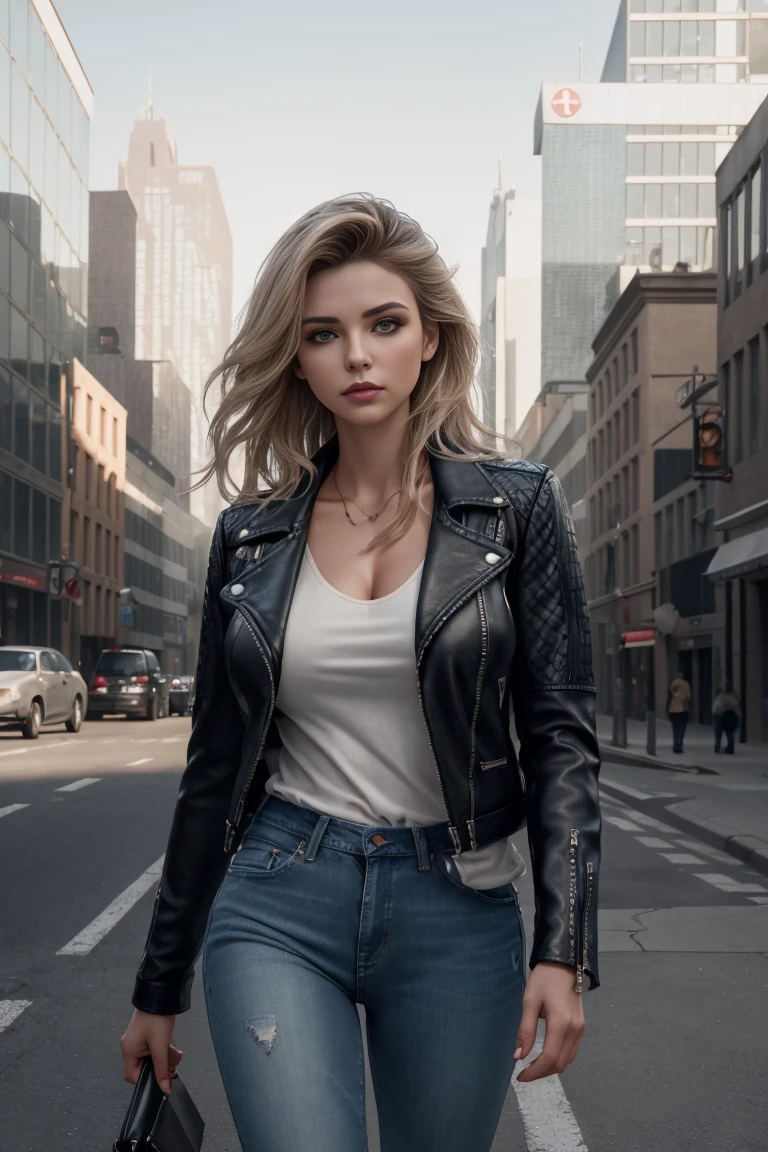 design, interrior, interriordesign Masterpiece, best quality, (highly detailed raw photo:1.2), 8k render in octane, volumetric lighting, volumetric shadows portrait of a woman, (pasionate look), jeans, leather jacket, pullover, walking in city