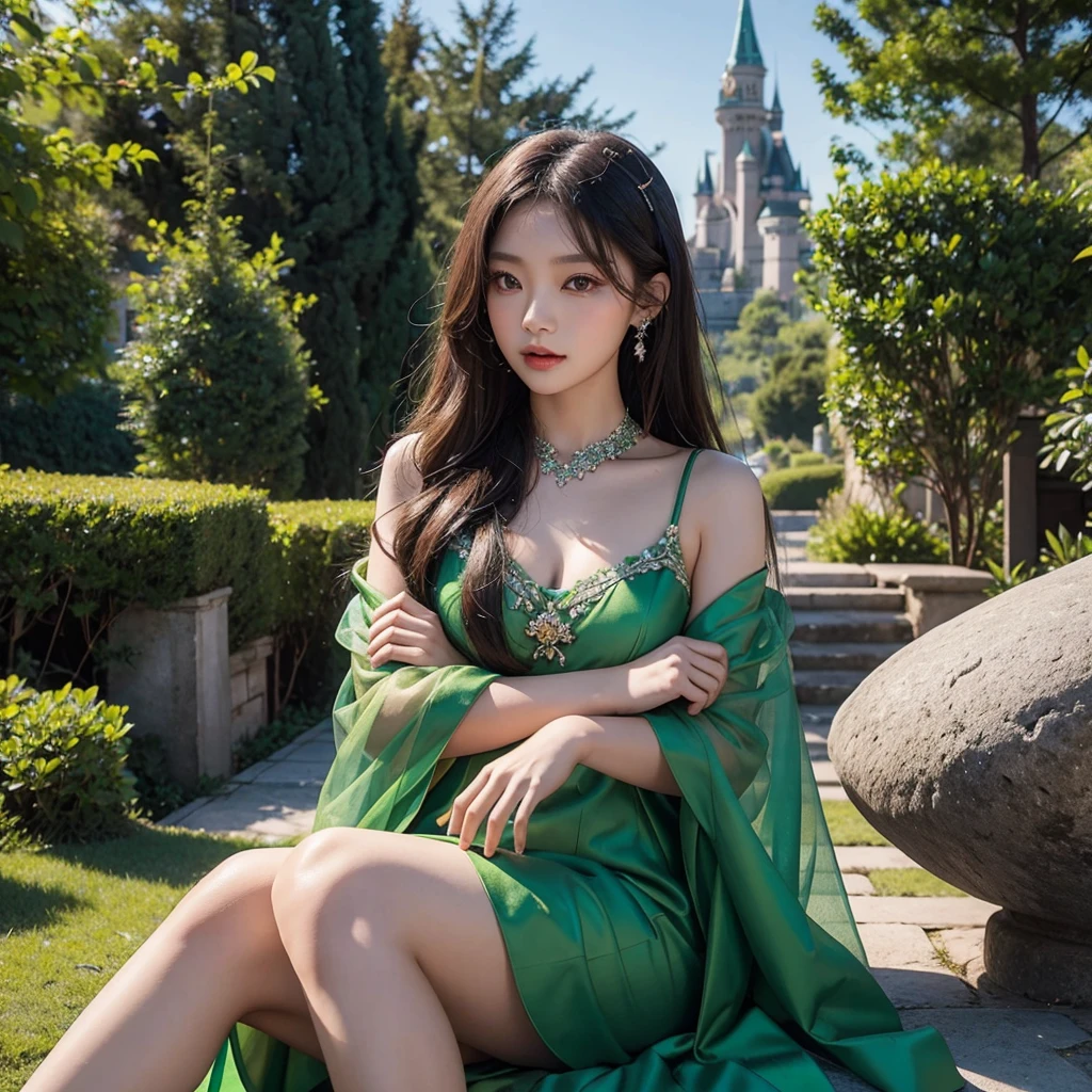 Asian cute girl, in a emerald green princess dress, by in a castle, kim jennie, 