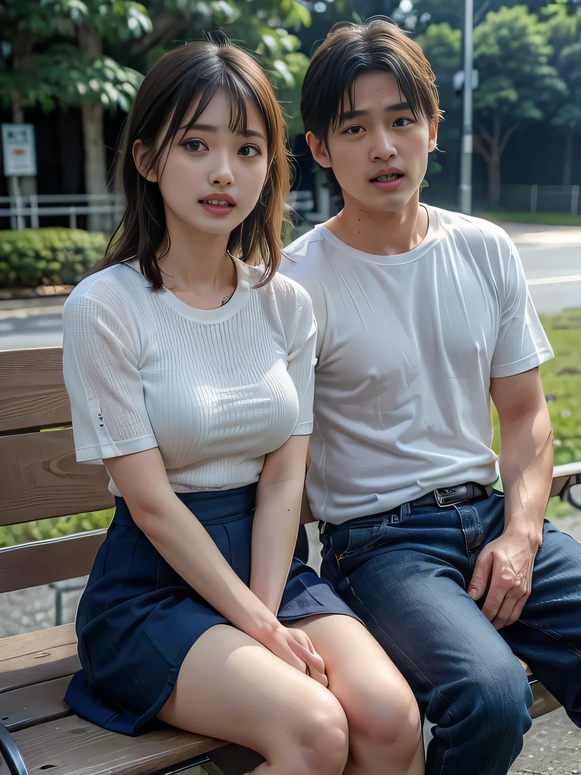 (high quality), (Realistic photos)、１male、１woman、((No audience:1.5))、((Outdoor:1.5))、((Park bench:1.3))、((Young Japanese couple arguing face to face:1.4))、((Angry Japanese woman and a Japanese male trying to talk to her:1.4)) 、((White short sleeveＴWoman wearing a shirt:1.4))、((whiteＴMan in a shirt:1.4))、((A woman glares at a man:1.7))、((A woman wearing a denim skirt that accentuates her thighs:1.4))、((White short sleeveＴWoman wearing a shirt:1.4))、((Woman with a terrified expression:1.4))、