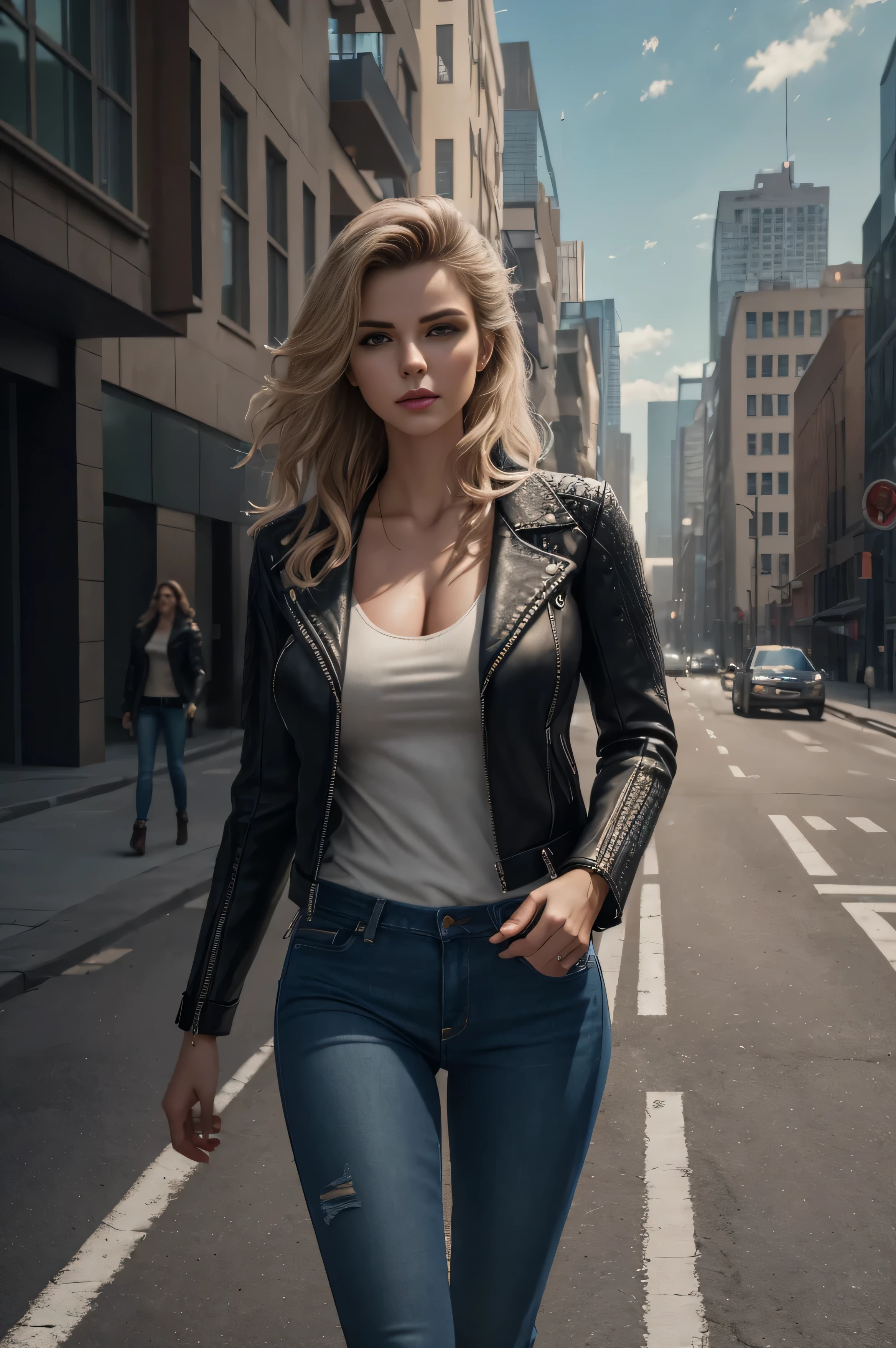 design, interrior, interriordesign Masterpiece, best quality, (highly detailed raw photo:1.2), 8k render in octane, volumetric lighting, volumetric shadows portrait of a woman, (pasionate look), jeans, leather jacket, pullover, walking in city