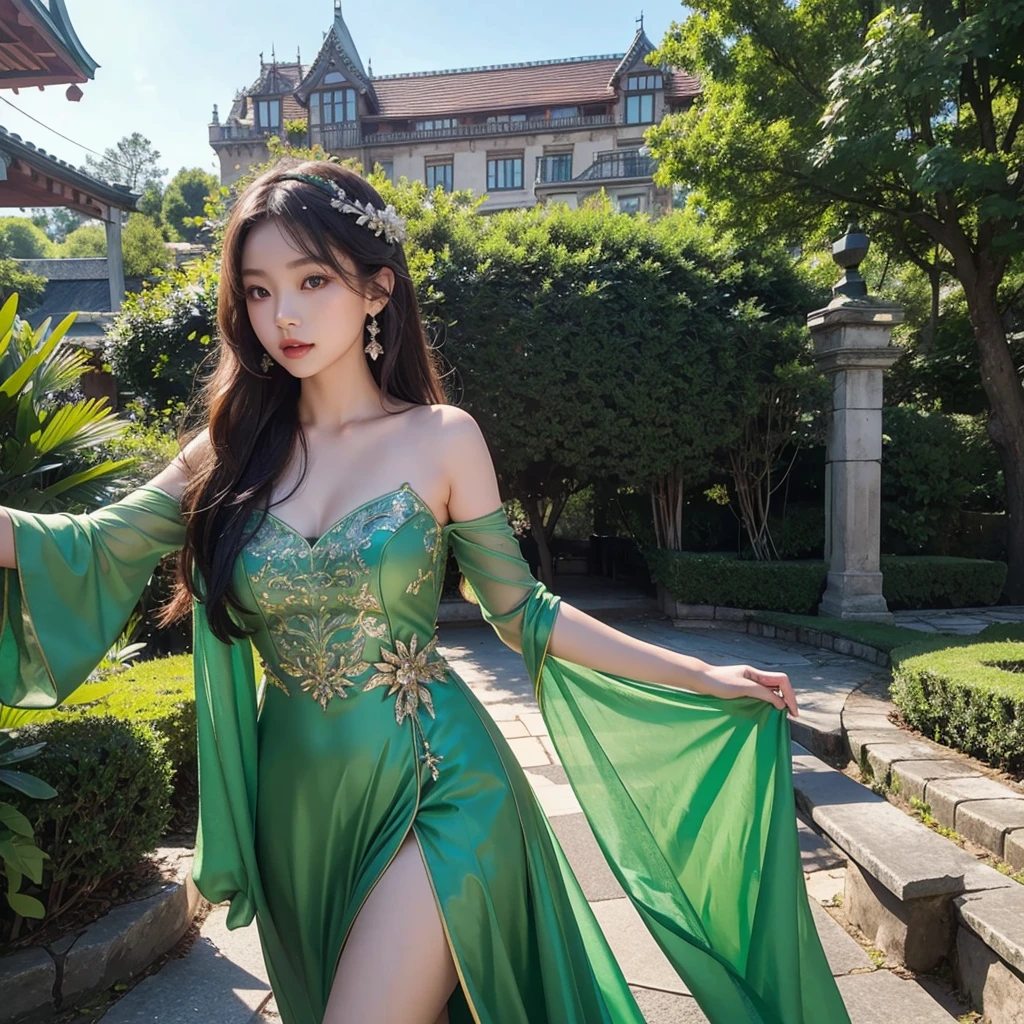 Asian cute girl, in a emerald green princess dress, by in a castle, kim jennie, 