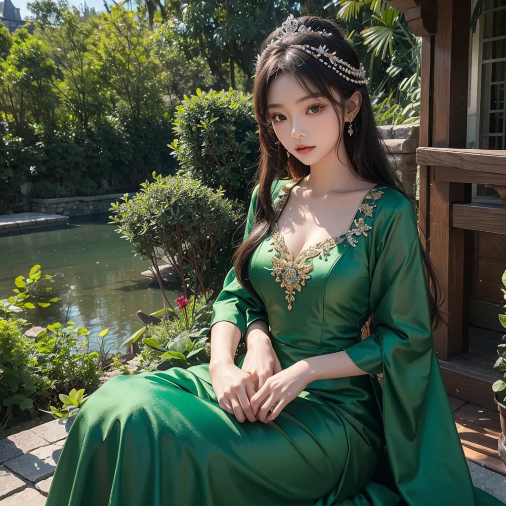 Asian cute girl, in a emerald green princess dress, by in a castle, kim jennie, 