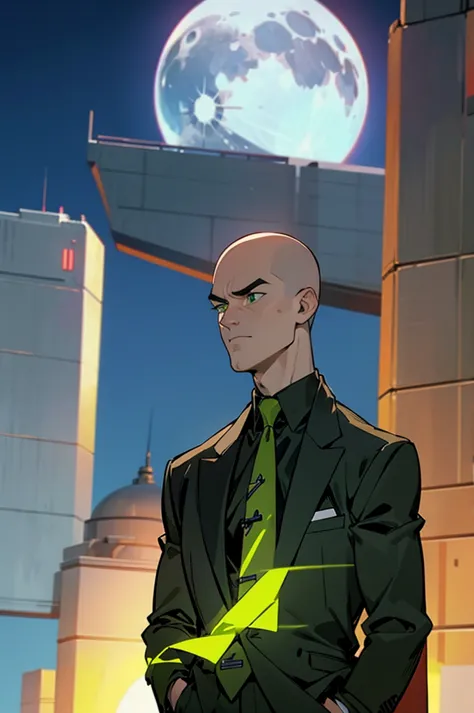 1 man, solo, upper body shot, lex luthor, middle-aged man, bald head, square jawline, lean muscle, broad shoulder, emotionless f...