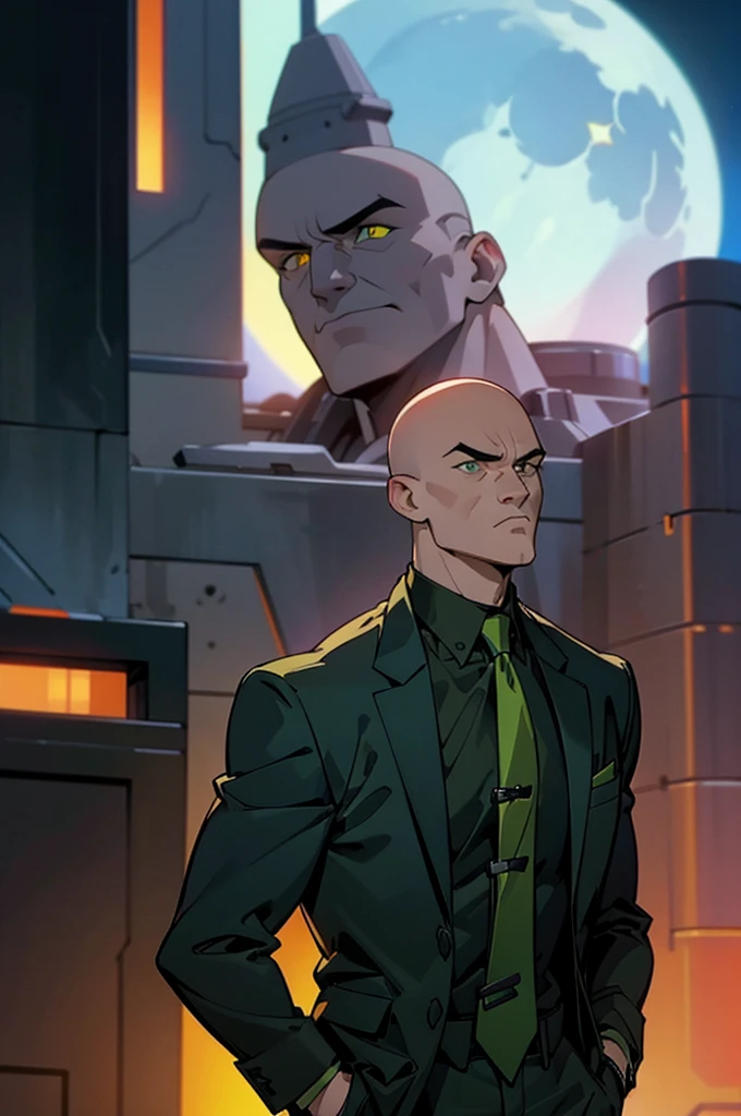 1 man, solo, upper body shot, Lex Luthor, middle-aged man, bald head, square jawline, lean muscle, broad shoulder, emotionless face, bald head, no hair, wearing a black suit, bright green tie, black dresshirt, city in the background, dusk, view from behind the back, side face, turn head, green eyes, moon light, arms in pockets