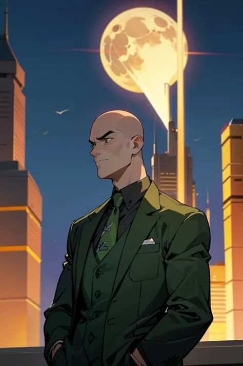 1 man, solo, upper body shot, lex luthor, middle-aged man, bald head, square jawline, lean muscle, broad shoulder, emotionless f...