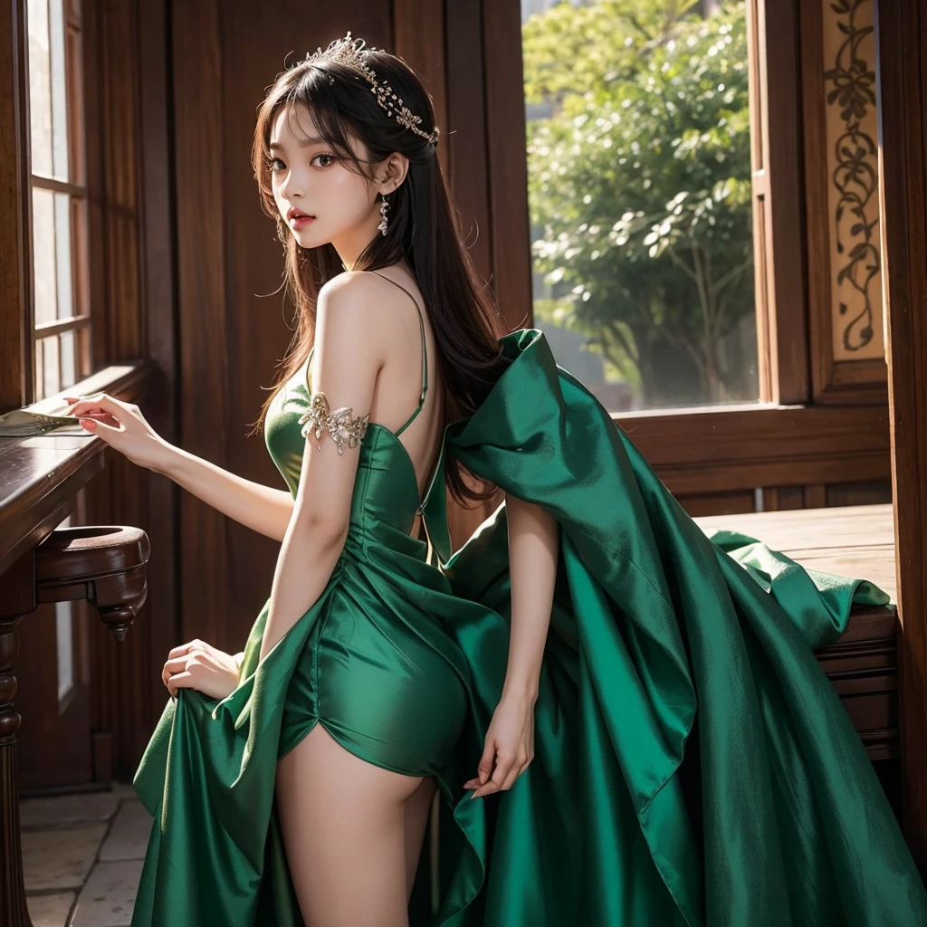 Asian cute girl, in a emerald green princess dress, inside a castle, kim jennie, 