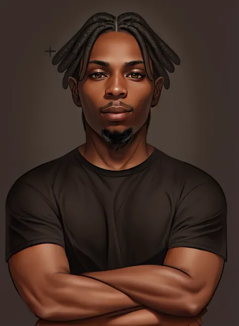 1 chico, alone, male, black fur, hazel eyes, dark skin, hair with dreadlocks, crossed arms, black shirt,