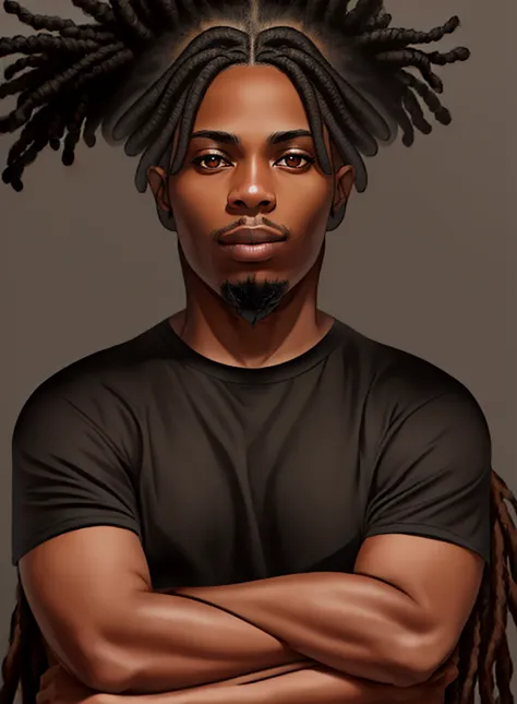 1 chico, alone, male, black fur, hazel eyes, dark skin, hair with dreadlocks, crossed arms, black shirt,