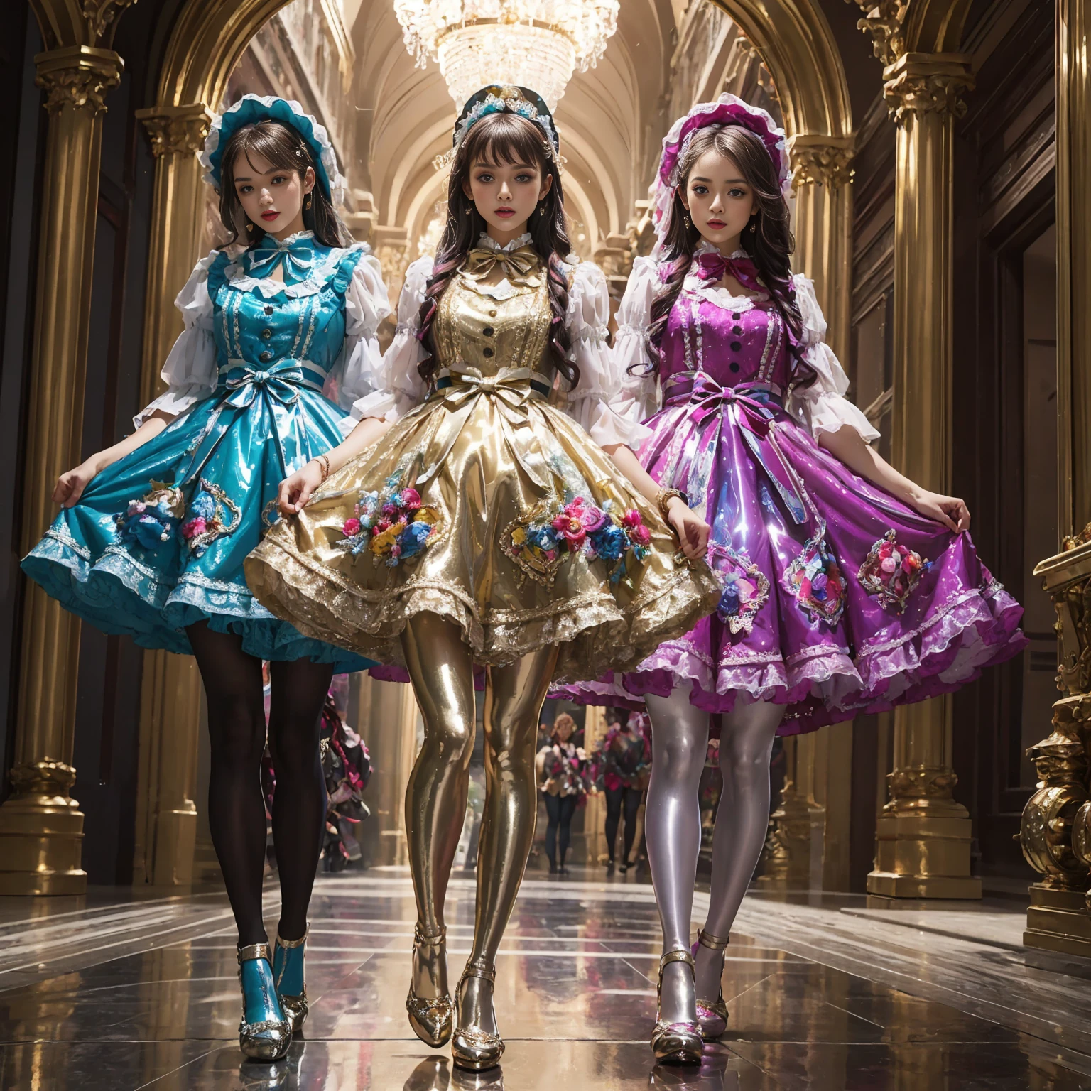 Movie poster composition, Ambilight, Nine-head body, Group photo, ((multicolored))，Three or more girls，Model figure, long-legged woman, A woman in a luxurious and elaborate lolita dress, wearing lolita mary jane shoes with ornate details, patterned tights, (Glossy Reflecting collection), (Glossy Reflecting collection), (Oily shiny)), (Metallic clothes), (Metallic dress), (Metallic tights):1.2)，standing on a snowy mountain, with reflective skin and reflective clothing, venusbody,Large movement amplitude, (full body shot), ray tracing, reflection light, chiaroscuro, UHD, masterpiece, anatomically correct, textured skin, super detail, high quality, 4K, highres