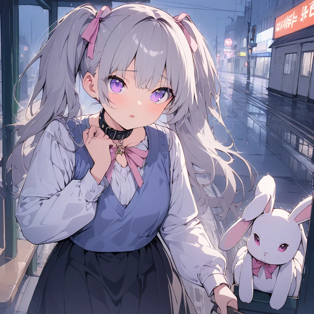 (((anime))) In front of the bus stopに立っている1人の女性,Woman is looking upwards,Holding a knife,Trying to stab my own throat (Grey Hair),Twin tails,Jump outside,Attach feathers to the base (Purple eyes), White dress shirt,has a collar,Navy blue vest,Light pink ribbon,White Line,Black long skirt in the rain,In front of the bus stop,Stuffed rabbit,Tattered,night,star masterpiece,Highest quality,Exquisite,8k,Absurd,Ultra-fine illustrations,(View your viewers)