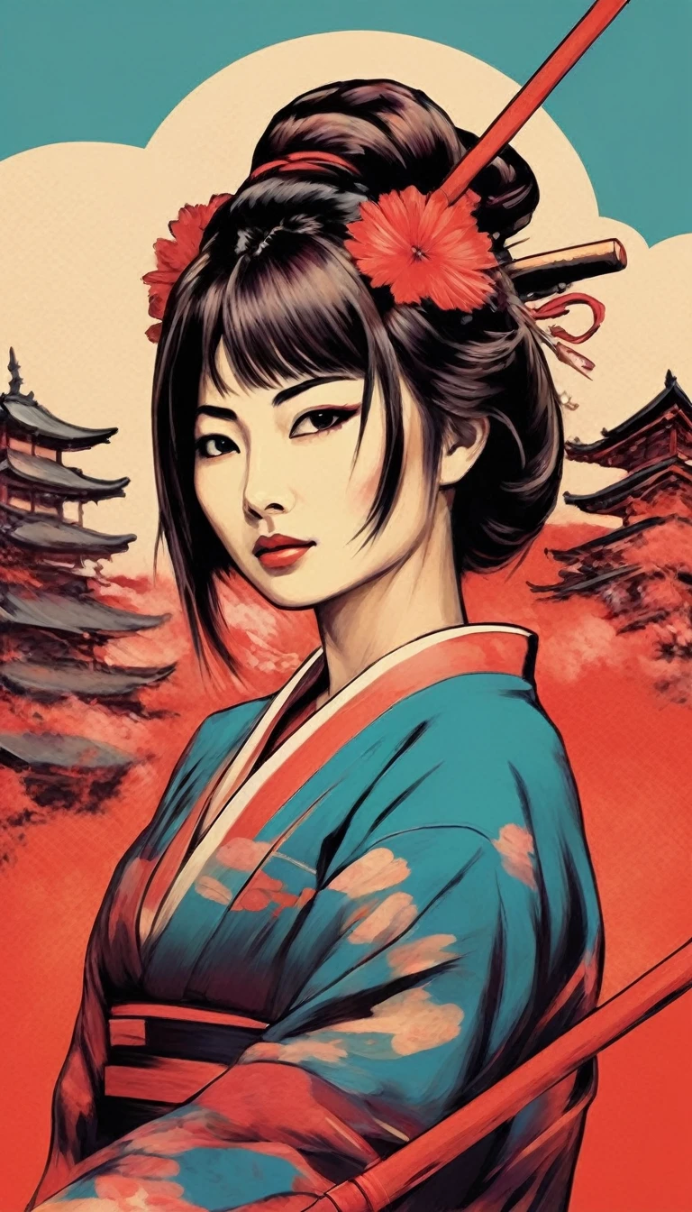 Japanese woman warrior, digital artwork, bold lines, vibrant, pop-art colors,5 colors,japanese village background,kodew