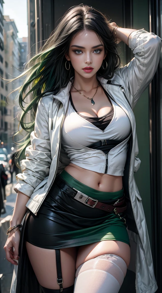 Photorealistic, high resolution, 1 woman, Hips up, Beautiful eyes, Long hair, ringed eyes, jewelry, outfit-Blaze, white bra, white jacket, black skirt, thigh highs, blue eyes, back view, ((dark Green hair with black roots))