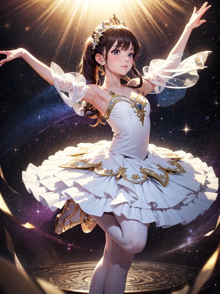 Absurd, High resolution, Super detailed、Esbian all over body、Primaballerina_tutu、Ballerina doing an arabesque、Excellent anatomy、Realistically recreated poses、(((Extend one leg back for balance、Spread your arms)))、She is wearing a tutu、Glitter、((Pointe shoes)、Standing on tiptoes)、Beautiful pose、Ripples of light from beneath your feet.、Overall atmosphere、Light tones、Delicate texture、Beautiful and harmonious、Creating a fantastic space、Glitter、universe、planet、deep