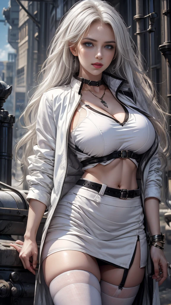 Photorealistic, high resolution, 1 woman, Hips up, Beautiful eyes, Long hair, ringed eyes, jewelry, outfit-Blaze, white bra, white jacket, black skirt, thigh highs, blue eyes, back view, fantasy battlefield background, (((big tits))), black and white hair