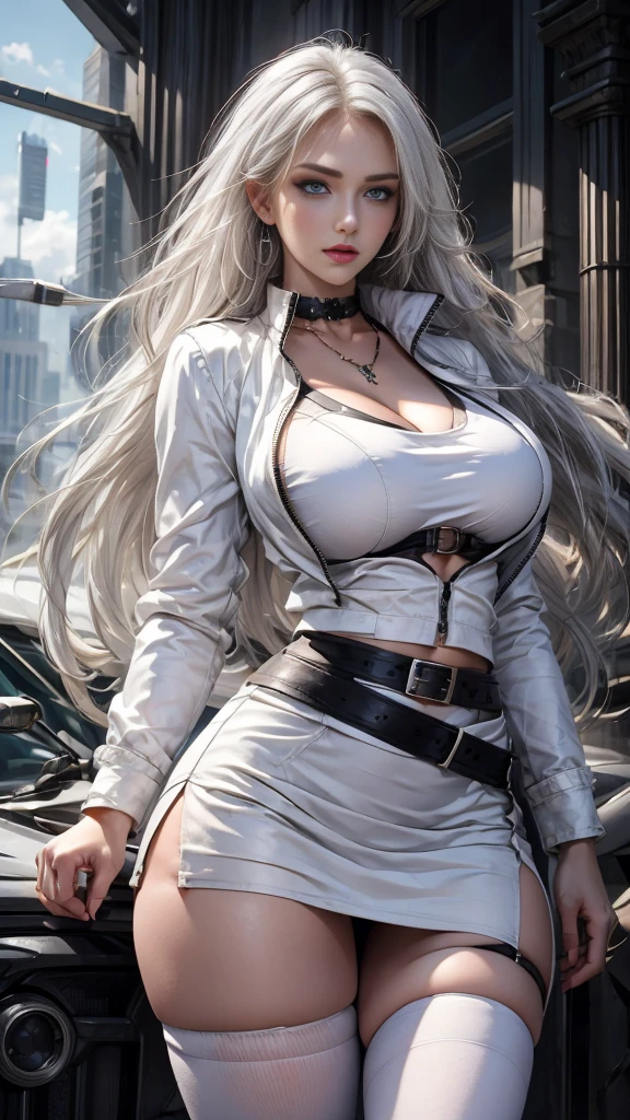 Photorealistic, high resolution, 1 woman, Hips up, Beautiful eyes, Long hair, ringed eyes, jewelry, outfit-Blaze, white bra, white jacket, black skirt, thigh highs, blue eyes, back view, fantasy battlefield background, (((big tits))), black and white hair