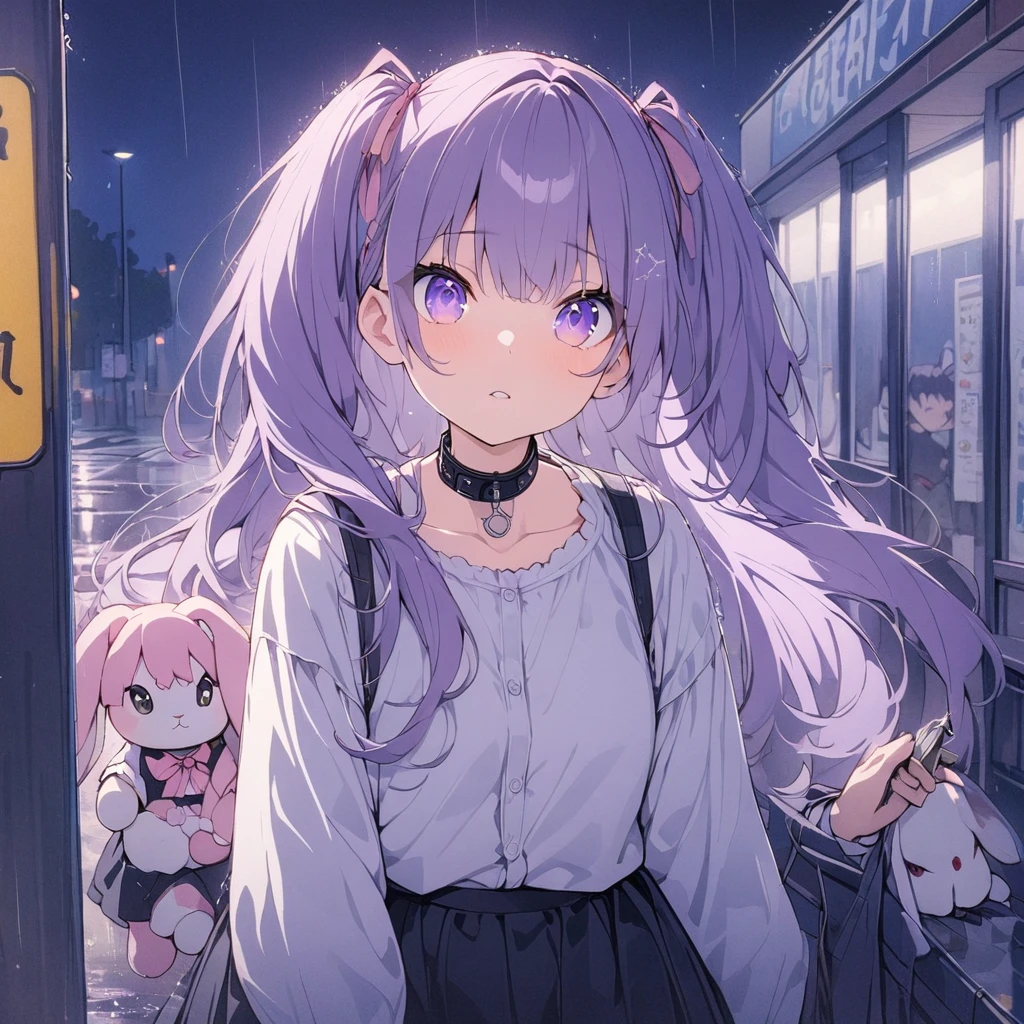 (((anime))) In front of the bus stopに立っている1人の女性,Woman is looking upwards,Holding a knife,Trying to stab my own throat (Purple Hair),Twin tails,Jump outside,Attach feathers to the base (Purple eyes), White dress shirt,has a collar,Navy blue vest,Light pink ribbon,White Line,Black long skirt in the rain,In front of the bus stop,Stuffed rabbit,Tattered,night,star masterpiece,Highest quality,Exquisite,8k,Absurd,Ultra-fine illustrations,(View your viewers)