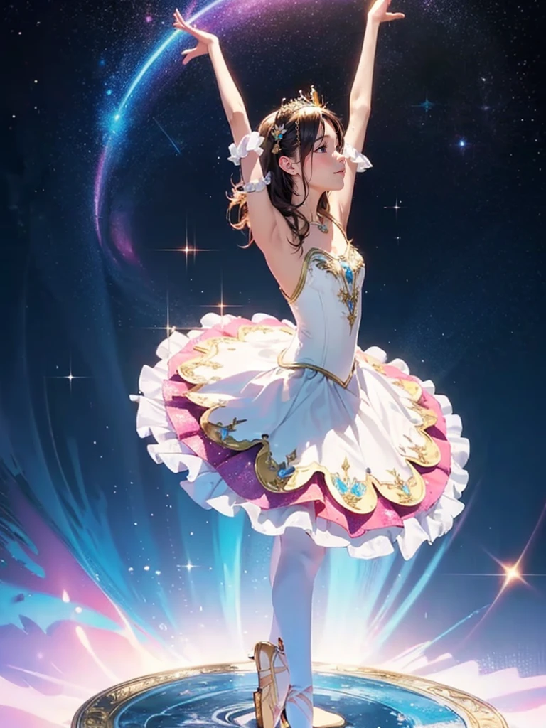 Absurd, High resolution, Super detailed、Esbian all over body、Primaballerina_tutu、Ballerina doing an arabesque、Excellent anatomy、Realistically recreated poses、(((Extend one leg back for balance、Spread your arms)))、She is wearing a tutu、Glitter、((Pointe shoes)、Standing on tiptoes)、Beautiful pose、Ripples of light from beneath your feet.、Overall atmosphere、Light tones、Delicate texture、Beautiful and harmonious、Creating a fantastic space、Glitter、universe、planet、deep