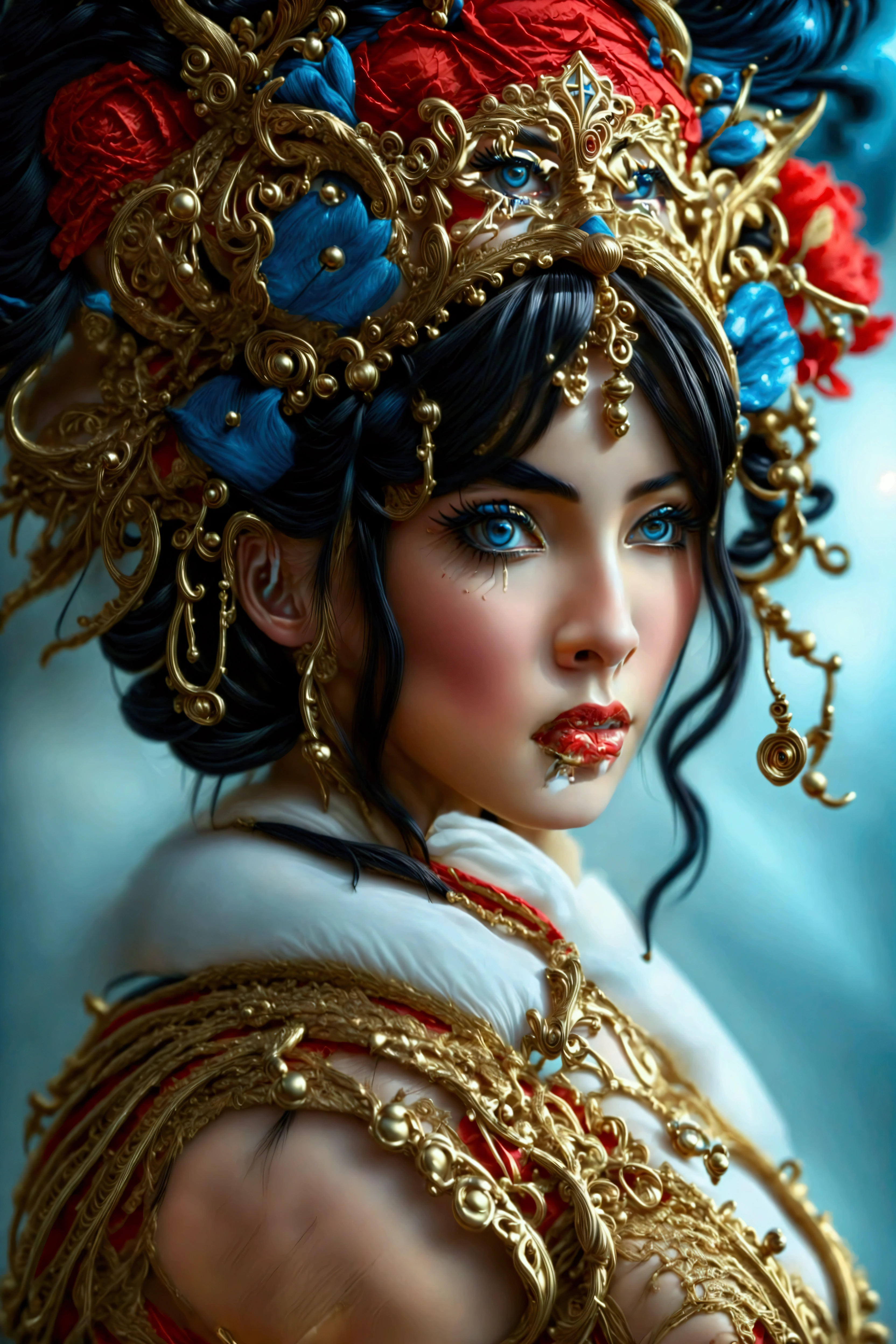 un hermoso retrato De emperatriz, by rubio, perfect blue eyes, with a brilliant, Imposible y llamativo tocaDo naviDeño granDe., ropa batas De santa, toDo naviDaD, snow, symmetrical, iluminación Dramática Del estuDio, rococo, Baroque, verDuras, Asian, hyperrealism, De cerca, D&D, fancy, IntrincaDo, elegant, muy DetallaDo, pintura Digital, estación De arte, renDerizaDo De octanaje, 8k, Conceptual art, death, enfoque nítiDo