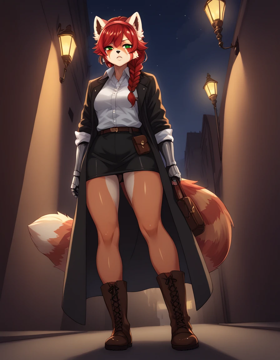 Solo, Score_9, score_8_up, score_7_up, kemono style, Kimiko, An Anthro furry red panda girl, red furry body, red panda tail, , black nose, red hair, braided hair, majestic, long legs, athletic arms and legs, green emerald eyes, toned legs, toned thighs, low angle shot, long tan duster, dress shirt, ripped shirt, leather boots with armor, armored gauntlets short, rolled up sleeves, loose tie around neck, tired expression, adventurer pants with pouch, brown boots, dark alley in city, wearing a long investigator coat,  red hairband, earrings, holding a coffee,  night time, lamp post light, long coat, majestic, detailed clothes, wearing coat over dress shirt, leather satchel, windy night, shadowy figures in back, sipping coffee