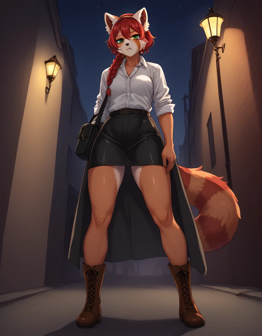 Solo, Score_9, score_8_up, score_7_up, kemono style, Kimiko, An Anthro furry red panda girl, red furry body, red panda tail, , black nose, red hair, braided hair, majestic, long legs, athletic arms and legs, green emerald eyes, toned legs, toned thighs, low angle shot, long tan duster, dress shirt, ripped shirt, leather boots with armor, armored gauntlets short, rolled up sleeves, loose tie around neck, tired expression, adventurer pants with pouch, brown boots, dark alley in city, wearing a long investigator coat,  red hairband, earrings, holding a coffee,  night time, lamp post light, long coat, majestic, detailed clothes, wearing coat over dress shirt, leather satchel, windy night, shadowy figures in back, sipping coffee