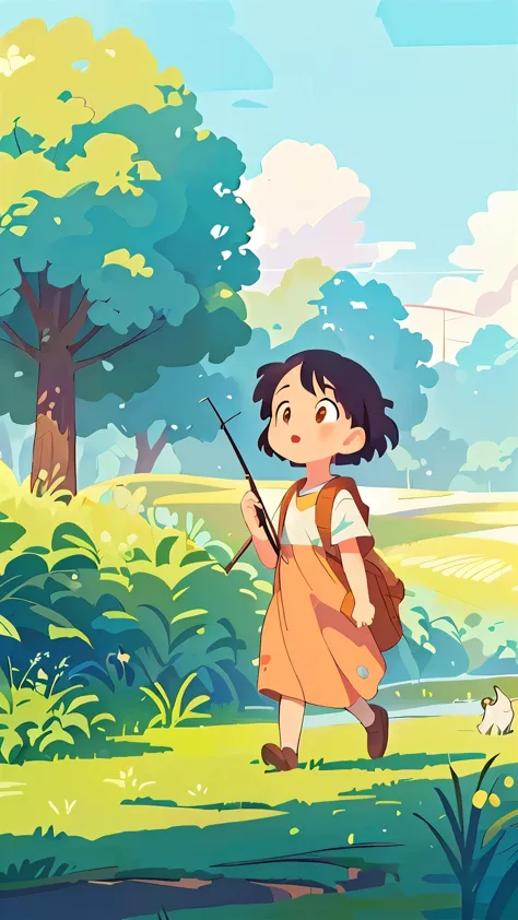 cartoon girl with a backpack and a dog in the field, official art, studio ghibli art style, studio ghibli art style, ghibli art ...