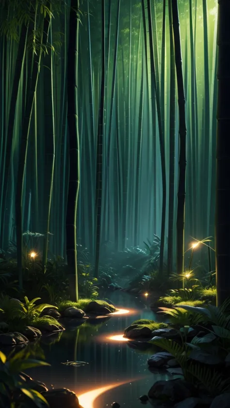 bamboo forest in the dark night, delicate and sharp, film production, soft interior lighting, many small fireflies flying, holog...