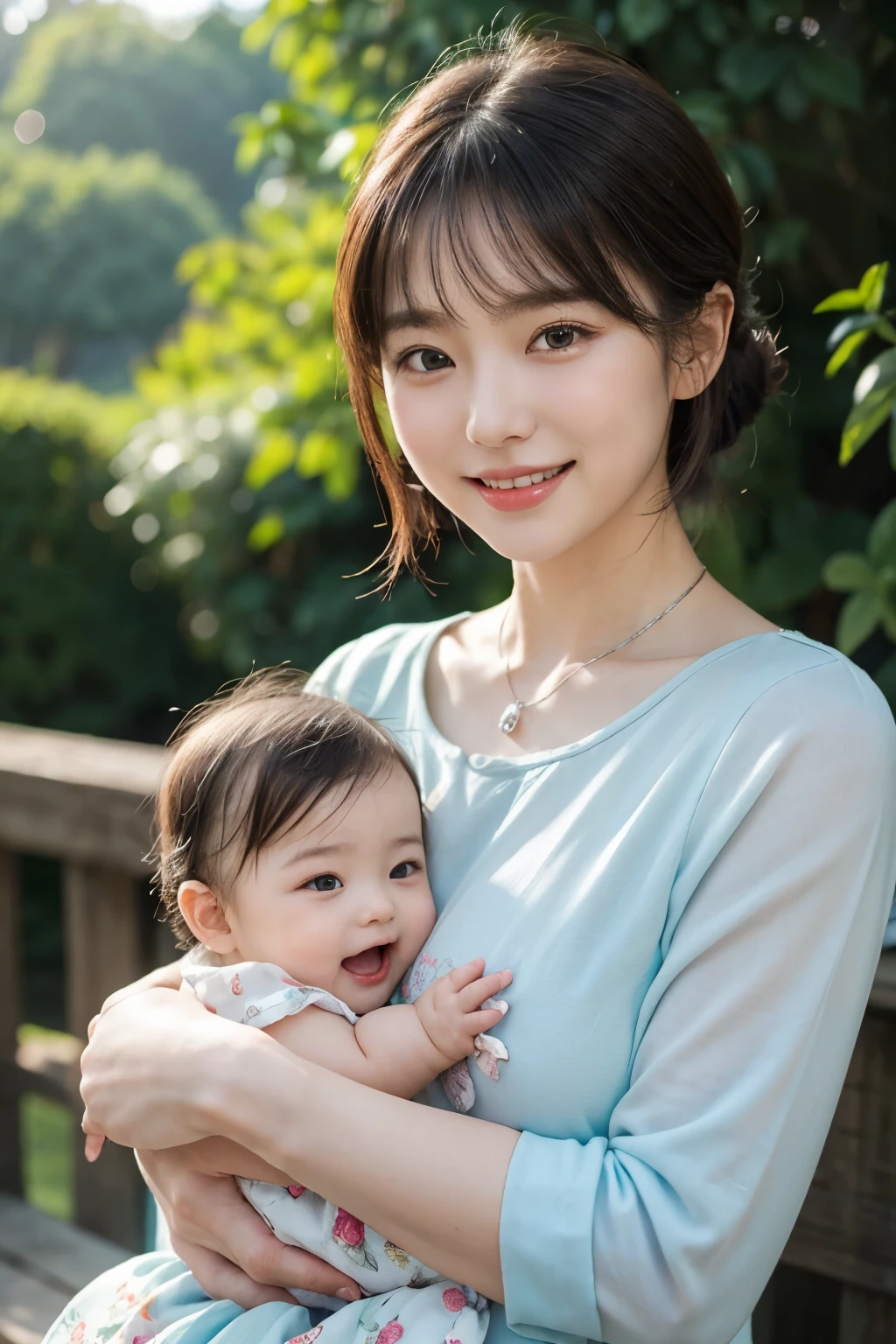 Over 60sの笑顔のwomanとbaby, Close-up portrait, Outdoor, Natural light, Warm atmosphere, High resolution, Sharp details, Realistic Keywords: - 銀髪の年配woman（Over 60s） - 愛らしいbaby（Under 1 year old） - Hugging - Happy expression - Light blue clothes（woman） - Floral dress（baby） - Lush green background - Bokeh background - Silver necklace - Gentle smile and laugh lines - Intergenerational bond - Japanese characteristics and style: Photo-perfect results, Soft focus effect, Warm tones, Natural light exposure