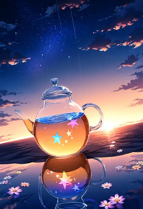 starry, starry light, night, colorful, cloud, star \(sky\), sunset, big clear glass tea pot floating in the air, flowers bloom i...