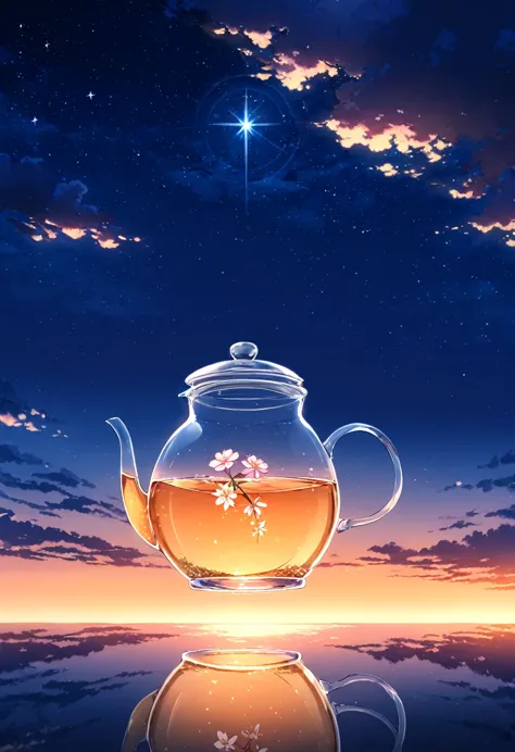 starry, starry light, night, colorful, cloud, star \(sky\), sunset, big clear glass tea pot floating in the air, flowers bloom i...