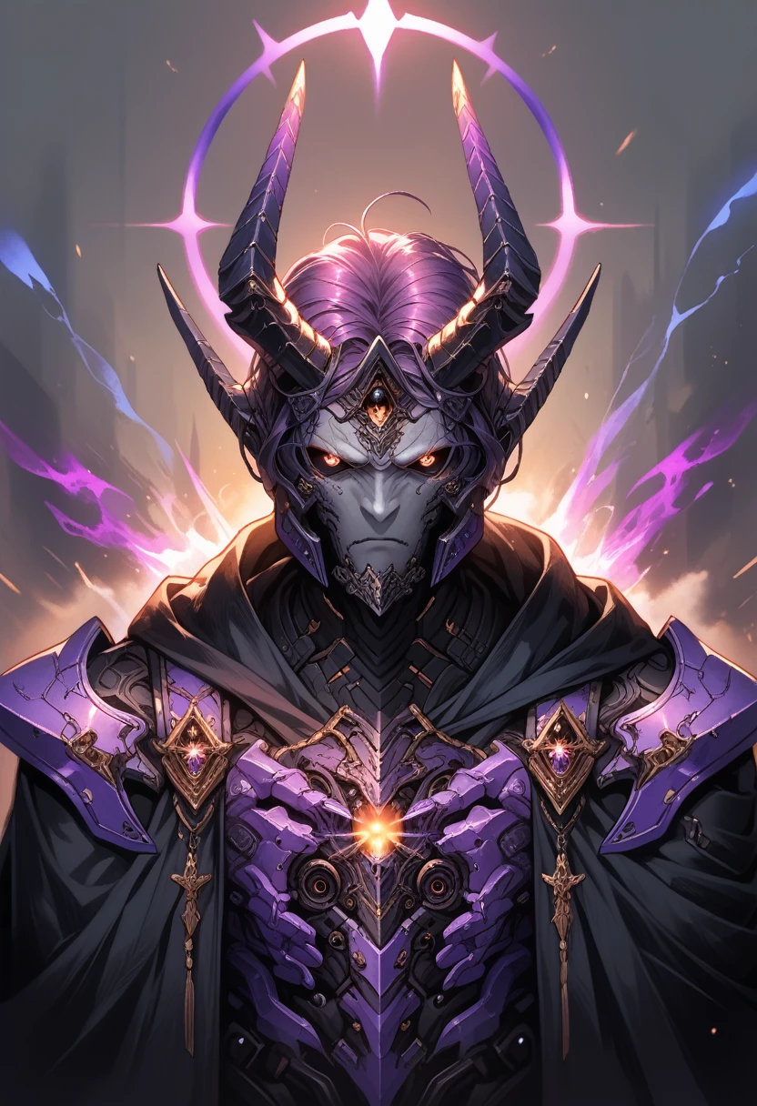 1 male,solo,grey skin, villian,black smooth armor,full armor,detailed texture,fantasy,pale skin,energy veins on armor,black cloak,black hood, Eyes glowing purple,black sclera,glowing eyes,detailed,(machina), purple energy veins,detailed texture,black colour halo,detailed body,shoulder pads,faceless head,horns,headgear.(purple-blue armor trim:1.3)