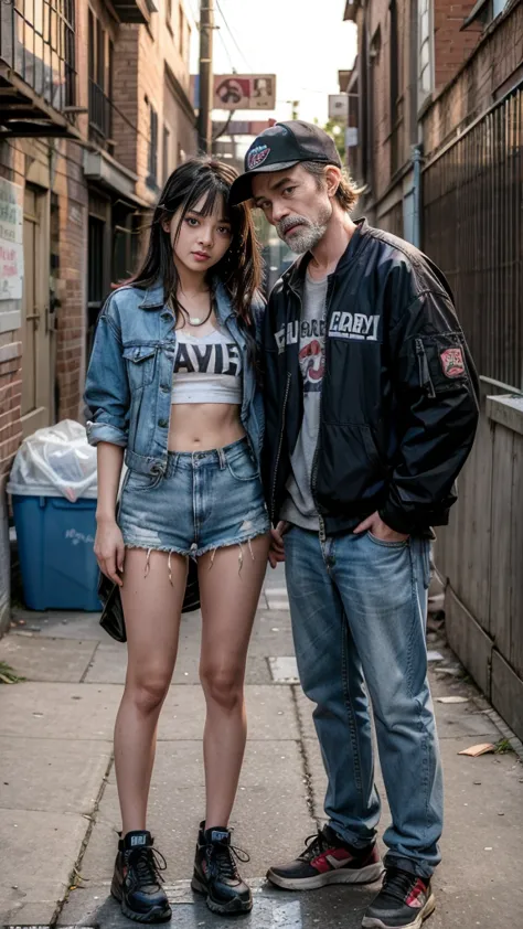 a young woman performs oral sex and handjob on a homeless man in an alley behind a dumpster, the man wears dirty clothes, the ma...